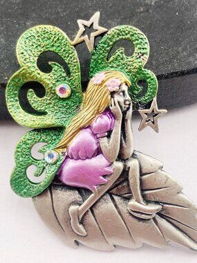 VINTAGE Signed DD pewter fairy brooch ~ 1980s 1990s faerie pin fairycore jewelry